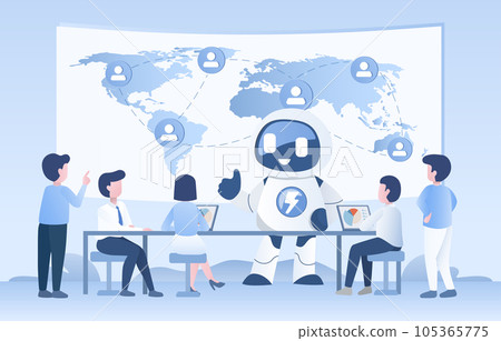 Artificial Intelligence (AI) technology concept. Meeting, discussing, brainstorming between people and ai robot to achieve success goal. Connect and share information. Flat vector design illustration. 105365775