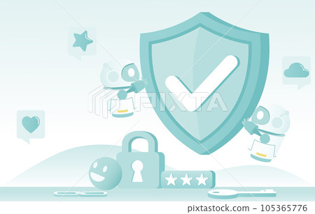 Artificial Intelligence (AI) technology and protection concept. AI robot holding shield, protect, safety, security, password and other sensitive from cyber-attack and other forms of online threats. Artificial Intelligence (AI) technology and protection concept. AI robot holding shield, protect, safety, security, password and other sensitive from cyber-attack and other forms of online threats. 105365776