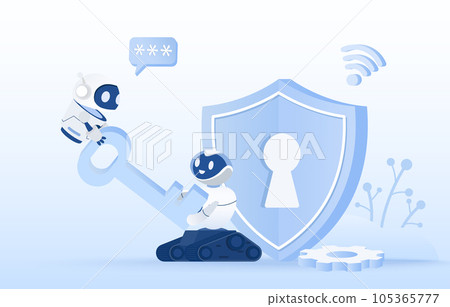 Artificial Intelligence (AI) technology and data protection concept. AI robot holding big key, protect, safety, security, password and other sensitive items from cyber attack. Vector illustration. Artificial Intelligence (AI) technology and data protection concept. AI robot holding big key, protect, safety, security, password and other sensitive items from cyber attack. Vector illustration. 105365777