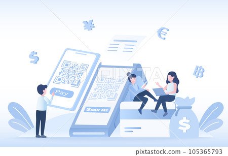 NFC (Near Field Communication) easy payment concept. Online payment, scan QR code on EDC machine to buy. Financial transaction, transfer money, exchange currency. Flat vector design illustration. NFC (Near Field Communication) easy payment concept. Online payment, scan QR code on EDC machine to buy. Financial transaction, transfer money, exchange currency. Flat vector design illustration. 105365793