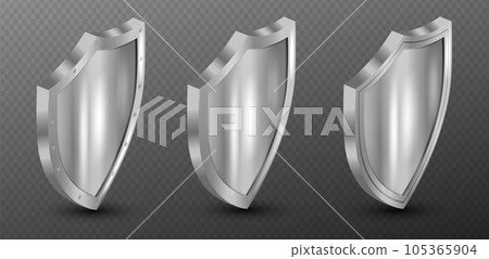 Metal shield with frame realistic vector illustration. Collection of military armor in front, side view isolated on transparent background. Blank silver steel metallic panel Metal shield with frame realistic vector illustration. Collection of military armor in front, side view isolated on transparent background. Blank silver steel metallic panel 105365904