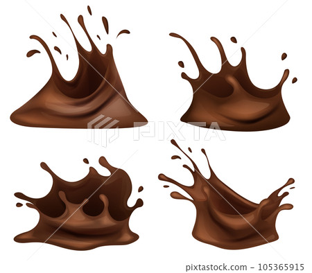 Chocolate. Pieces, shavings. 3D realistic vector set, horizontal and vertical splash of chocolate. Realistic chocolate corona splash. Chocolate. Pieces, shavings. 3D realistic vector set, horizontal and vertical splash of chocolate. Realistic chocolate corona splash. 105365915