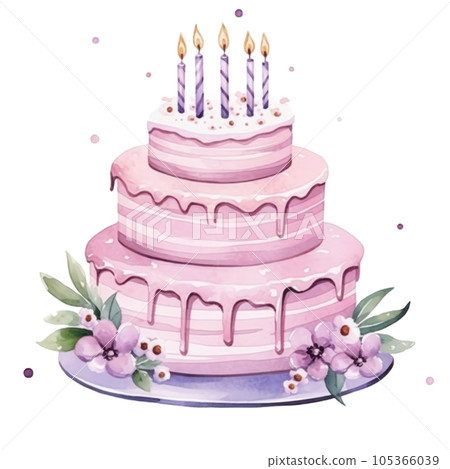 Watercolor Birthday Cake Isolated 105366039