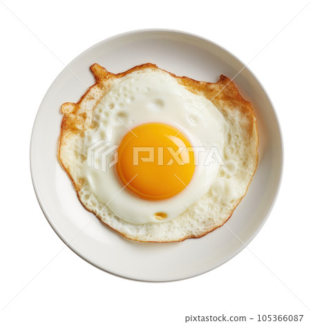 Fried egg on white plate isolated 105366087