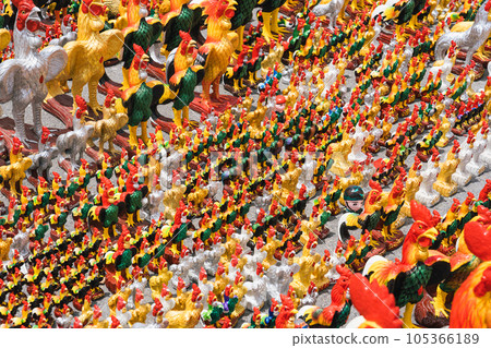 Chickens statue are worship and placed at the temple Chickens statue are worship and placed at the temple 105366189