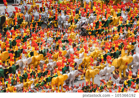 Chickens statue are worship and placed at the temple Chickens statue are worship and placed at the temple 105366192