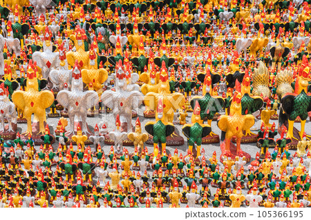 Chickens statue are worship and placed at the temple 105366195