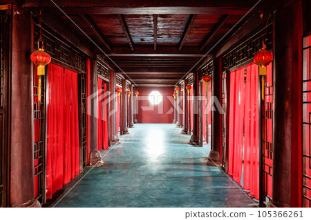Traditional chinese wooden brothel room with red curtain and lantern Traditional chinese wooden brothel room with red curtain and lantern 105366261