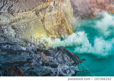 Active volcano with sulphur smoke floating and turquoise lake at Kawah Ijen Active volcano with sulphur smoke floating and turquoise lake at Kawah Ijen 105366282