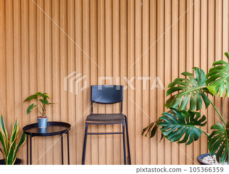 Houseplant and black chair on solid wooden battens wall Houseplant and black chair on solid wooden battens wall 105366359