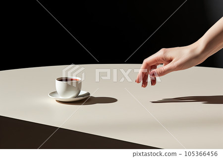 woman's hand reaching for a cup of coffee on white table and black background 105366456
