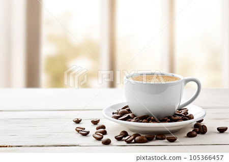 hot coffee in mug on rustic wooden table 105366457