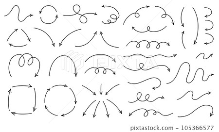 Hand drawn thin line arrows set. Vector design elements isolated on white background. Hand drawn thin line arrows set. Vector design elements isolated on white background. 105366577