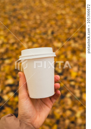 Unrecognizable woman hand holding Eco zero waste white paper cup copy space mockup. Fall leaves and cup of tea coffee to go next to autumn nature. Unite with nature 105366672