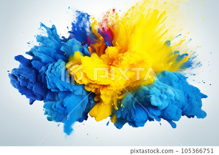 Explosion of colorful yellow blue color holi paint powder isolated on white background. AI generated 105366751