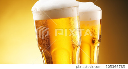 Glasses of cold beer with foam, pint of original premium beer drink, alcohol flavour and holiday celebration 105366785