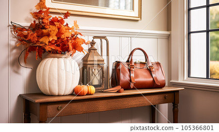 Autumnal hallway decor, interior design and house decoration, welcoming autumn entryway furniture, stairway and entrance hall home decor in an English country house and cottage style 105366801
