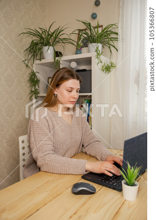 Pretty schoolgirl studying homework math during her online lesson 105366807