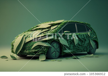 3D rendering of a green eco car concept made up of green leaves. 105366912
