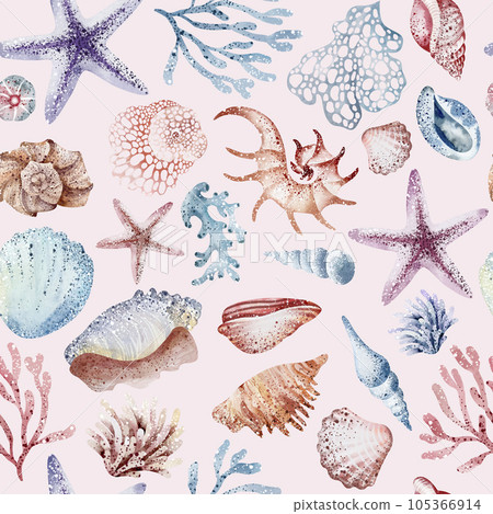Marine seamless pattern marine animals, corals, plants, seashell, starfish, octopus, seahorse, algae, turtle. Watercolor marine background. Marine seamless pattern marine animals, corals, plants, seashell, starfish, octopus, seahorse, algae, turtle. Watercolor marine background. 105366914