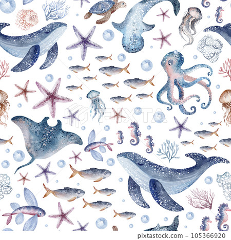 Marine seamless pattern marine animals, corals, plants, seashell, starfish, octopus, seahorse, algae, turtle. Watercolor marine background. 105366920