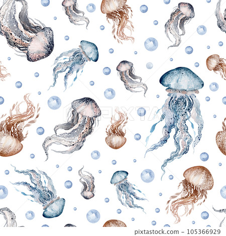 Marine seamless pattern marine animals, corals, plants, seashell, starfish, octopus, seahorse, algae, turtle. Watercolor marine background. 105366929