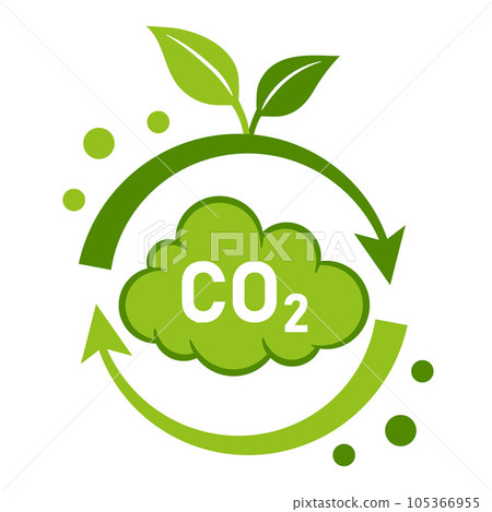 CO2 recycling, carbon dioxide footprint neutral, greenhouse gas emission reduction, carbonic cycle in green plant icon. Smoke cloud in air. Low atmosphere contamination. Clean eco technology. Vector CO2 recycling, carbon dioxide footprint neutral, greenhouse gas emission reduction, carbonic cycle in green plant icon. Smoke cloud in air. Low atmosphere contamination. Clean eco technology. Vector 105366955