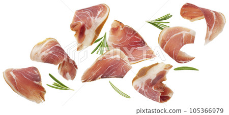 Falling bacon strips isolated on white background 105366979