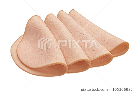 Boiled ham sausage slices isolated on white background, full depth of field 105366983