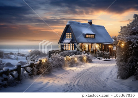 Wintertime cozy thatched cottage near to beach. Decorated with lights. AI generated 105367030