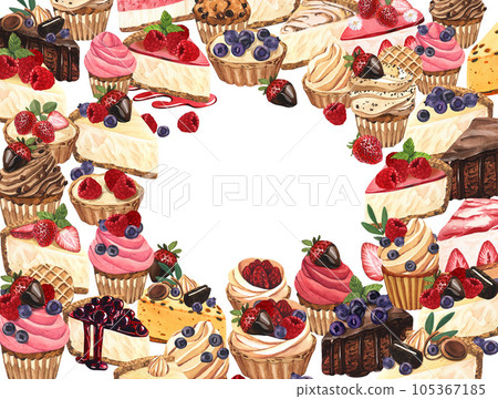 Watercolor frame dessert, colorful sweet cakes slices pieces of cheesecake with berries. Hand-drawn illustration isolated on white background.Perfect food menu, food drawing, design packing, print Watercolor frame dessert, colorful sweet cakes slices pieces of cheesecake with berries. Hand-drawn illustration isolated on white background.Perfect food menu, food drawing, design packing, print 105367185