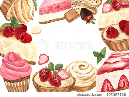 Watercolor frame dessert, piece of cheesecake with fresh strawberries. Hand-drawn illustration isolated on white background. Perfect food menu, food drawing, design packing, print Watercolor frame dessert, piece of cheesecake with fresh strawberries. Hand-drawn illustration isolated on white background. Perfect food menu, food drawing, design packing, print 105367186