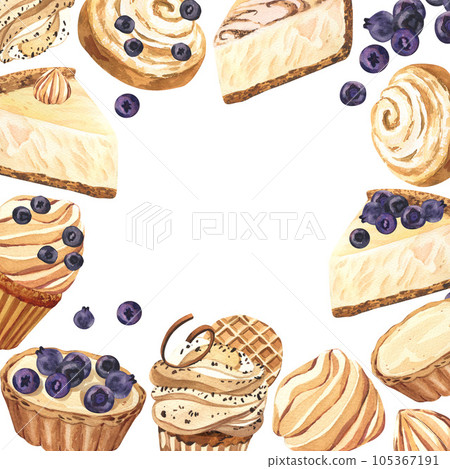 Watercolor frame dessert muffin, cupcake, bun, tart, cheesecake with blueberry. Hand-drawn illustration isolated on white background. Perfect food menu, design packing, bakery shop, cooking, tea party Watercolor frame dessert muffin, cupcake, bun, tart, cheesecake with blueberry. Hand-drawn illustration isolated on white background. Perfect food menu, design packing, bakery shop, cooking, tea party 105367191