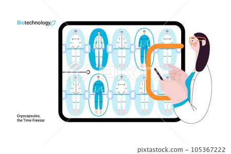 Bio Technology, Cryocapsule Time Freezer -modern flat vector concept illustration of futuristic cryocapsules resembling frozen time vaults. Metaphor of preserving life, time through cryonic technology Bio Technology, Cryocapsule Time Freezer -modern flat vector concept illustration of futuristic cryocapsules resembling frozen time vaults. Metaphor of preserving life, time through cryonic technology 105367222