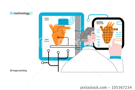 Bio Technology, 3D organ printing -modern flat vector concept illustration of 3D printer creating a human heart. Metaphor of technology in organ transplantation and the future of regenerative medicine Bio Technology, 3D organ printing -modern flat vector concept illustration of 3D printer creating a human heart. Metaphor of technology in organ transplantation and the future of regenerative medicine 105367234