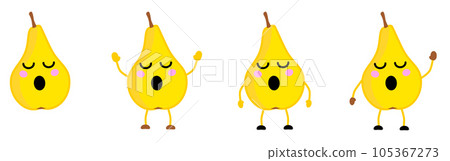 Cute kawaii style Pear fruit icon, eyes closed, mouth open. Version with hands raised, down and waving. 105367273
