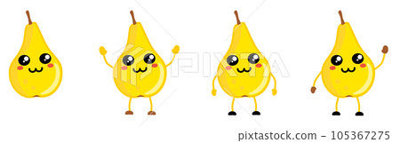 Cute kawaii style Pear fruit icon, large eyes, animal like nose. Version with hands raised, down and waving. 105367275