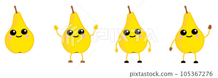 Cute kawaii style Pear fruit icon, large eyes, smiling. Version with hands raised, down and waving. 105367276