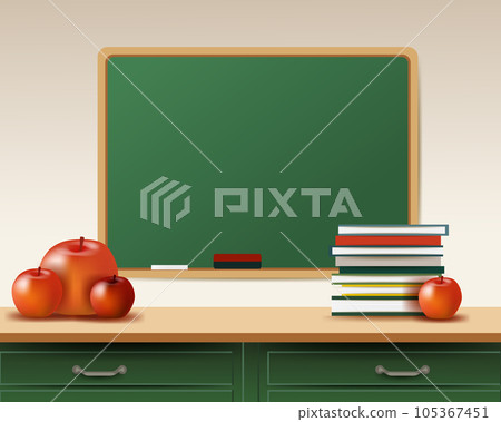 Back to school text drawing by colorful chalk in blackboard with school items. Back to school vector concept design 105367451