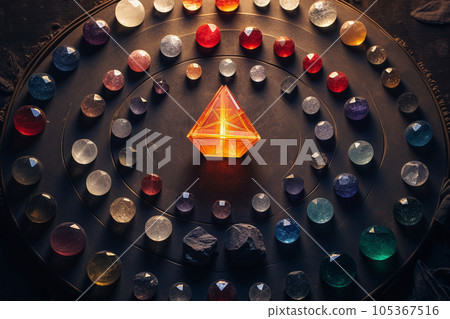 Multicolored lattice crystals under the sun. On a wooden stand Multicolored lattice crystals under the sun. On a wooden stand 105367516