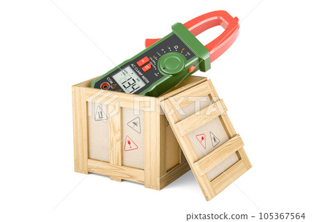 Digital multimeter inside wooden box, delivery concept. 3D rendering Digital multimeter inside wooden box, delivery concept. 3D rendering 105367564