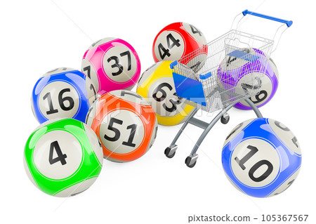 Lottery balls with shopping cart, 3D rendering Lottery balls with shopping cart, 3D rendering 105367567