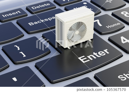 Air conditioner, outdoor compressor unit on laptop keyboard. 3D rendering Air conditioner, outdoor compressor unit on laptop keyboard. 3D rendering 105367570