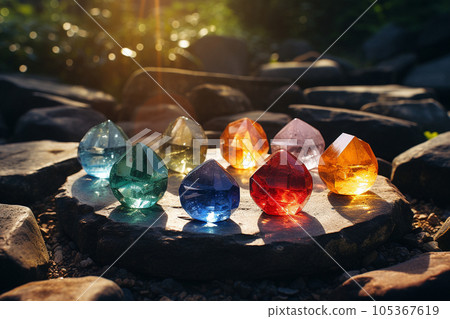 Multicolored lattice crystals under the sun. On a wooden stand Multicolored lattice crystals under the sun. On a wooden stand 105367619