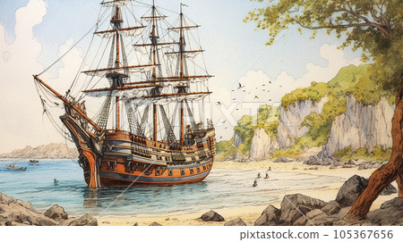 The ship is near the shore. Cartoon illustration 105367656