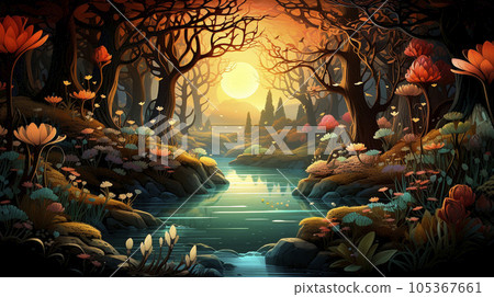 surreal landscape with forest, swamp, plants surreal landscape with forest, swamp, plants 105367661