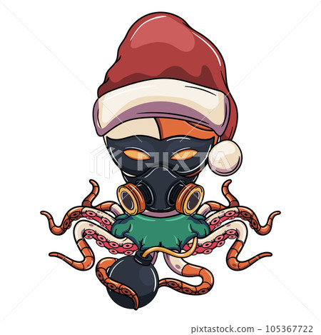 Cartoon cyborg octopus character with christmas santa claus hat, with eye mask, gas mask and with a bomb. Illustration for fantasy, science fiction and adventure comics 105367722