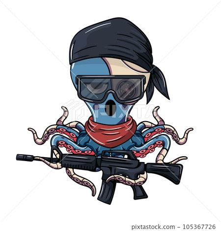 Bored cyborg octopus cartoon character in a black bandana, wearing glasses and a machine gun. Illustration for fantasy, science fiction and adventure comics Bored cyborg octopus cartoon character in a black bandana, wearing glasses and a machine gun. Illustration for fantasy, science fiction and adventure comics 105367726