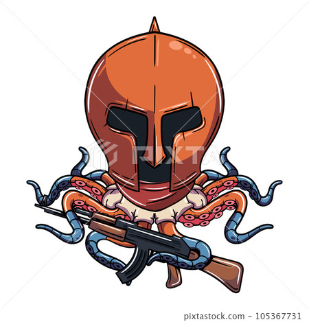 Cartoon cyborg octopus character wearing a medieval gladiator helmet with a shotgun. Illustration for fantasy, science fiction and adventure comics Cartoon cyborg octopus character wearing a medieval gladiator helmet with a shotgun. Illustration for fantasy, science fiction and adventure comics 105367731