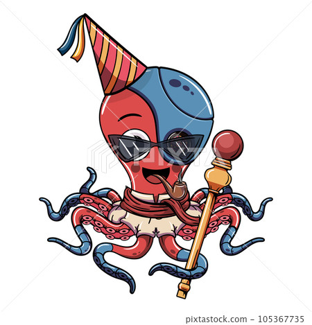 Cartoon cyborg octopus character celebrating with a birthday hat, holding a scepter and smoking a pipe. Illustration for fantasy, science fiction and adventure comics Cartoon cyborg octopus character celebrating with a birthday hat, holding a scepter and smoking a pipe. Illustration for fantasy, science fiction and adventure comics 105367735